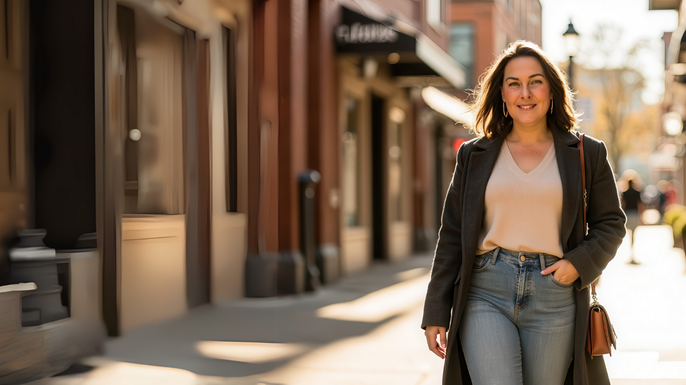 Kelsie Van Roon walking down a sunlit street